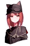  1girl absurdres animal_ear_headwear arknights ash_(rainbow_six_siege) ash_(rangers)_(rainbow_six_siege) beudelb black_capelet black_headwear black_jacket capelet closed_mouth commentary_request expressionless eyebrows_visible_through_hair goggles goggles_on_headwear highres jacket korean_commentary long_hair looking_at_viewer official_alternate_costume rainbow_six_siege red_eyes redhead simple_background solo upper_body white_background 
