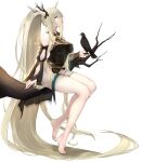  1girl absurdly_long_hair arknights bangs bare_shoulders barefoot bird bird_on_hand black_nails black_swimsuit blonde_hair branch breasts casual_one-piece_swimsuit closed_mouth detached_sleeves ears_visible_through_hair hair_between_eyes hair_ornament high_ponytail highres horns infection_monitor_(arknights) large_breasts long_hair long_sleeves looking_at_viewer looking_to_the_side maya_g nail_polish official_alternate_costume one-piece_swimsuit pointy_ears raven_(animal) red_eyes shining_(arknights) shining_(silent_night)_(arknights) sideways_glance sitting smile solo swimsuit thigh_strap thighs very_long_hair white_background 