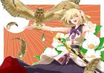  1girl armpits bird bird_on_hand black_sailor_collar blonde_hair breasts earmuffs feathered_wings feathers flower gold_bracelet hair_between_eyes highres large_breasts looking_at_viewer medium_hair mr._pepe_r open_mouth owl pointy_hair purple_ribbon purple_skirt ribbon sailor_collar sheath shirt skirt sleeveless sleeveless_shirt solo sword touhou toyosatomimi_no_miko weapon white_flower white_shirt wings yellow_eyes 