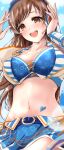  1girl :d bikini blue_bikini blue_skirt blue_sky blush brown_hair collarbone crop_top groin hand_up headset heart heart_print idol idolmaster idolmaster_cinderella_girls idolmaster_cinderella_girls_starlight_stage jewelry long_hair looking_at_viewer midriff miniskirt navel necklace nitta_minami ochi_r open_mouth round_teeth side-tie_bikini skirt sky smile solo swimsuit teeth 