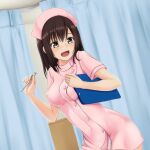  1girl black_hair brown_eyes clipboard commentary_request curtains digital_thermometer dress dutch_angle hat holding_thermometer looking_to_the_side medium_hair nonaka_ritsu nurse nurse_cap open_mouth original pink_dress pink_headwear smile solo thermometer uniform 