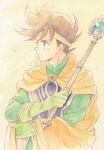  1boy agahari brown_eyes brown_hair cape commentary_request dragon_quest dragon_quest_dai_no_daibouken gloves green_gloves headband highres holding holding_staff long_sleeves looking_away looking_to_the_side male_focus pop_(dragon_quest_dai_no_daibouken) short_hair solo staff yellow_cape yellow_headband 