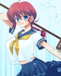  1girl blue_eyes blue_sailor_collar blue_skirt braid braided_ponytail cleaning_brush commentary_request cowboy_shot genderswap genderswap_(mtf) long_hair looking_at_viewer neckerchief pleated_skirt ranma-chan ranma_1/2 redhead sailor_collar saotome_ranma school_uniform serafuku single_braid skirt solo striped striped_background uehara_doh yellow_neckwear 