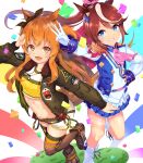  2girls animal_ears blue_eyes brown_hair commentary_request gloves hair_between_eyes highres horse_ears horse_girl horse_tail jacket leg_up long_hair looking_at_viewer makina9696 mayano_top_gun_(umamusume) multiple_girls open_mouth orange_eyes orange_hair salute shorts tail tokai_teio_(umamusume) twintails two_side_up umamusume 