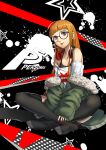  1girl absurdres black-framed_eyewear breasts fur-trimmed_jacket fur_trim glasses green_jacket headphones highres jacket long_hair looking_at_viewer mato_kuroi nail_polish open_mouth orange_hair persona persona_5 sakura_futaba smile solo thigh-highs violet_eyes 