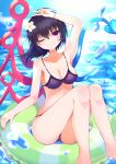  1girl arm_up asymmetrical_wings bangs bare_shoulders barefoot bikini black_hair blue_sky bra breasts closed_mouth clouds cloudy_sky eyebrows_visible_through_hair eyes_visible_through_hair flower hair_between_eyes hair_flower hair_ornament hand_up highres houjuu_nue innertube looking_up medium_breasts medium_hair ocean one_eye_closed panties purple_bikini purple_bra purple_panties sitting sky smile solo swimsuit tomoe_(fdhs5855) touhou underwear water white_flower wings 