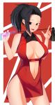  1girl absurdres bangko bangs bare_arms bare_shoulders black_eyes black_hair boku_no_hero_academia breasts center_opening cowboy_shot dress hand_up highres holding index_finger_raised large_breasts long_hair looking_at_viewer magic no_bra ponytail red_background red_dress red_nails smile solo tongue tongue_out white_background yaoyorozu_momo 