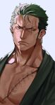  1boy earrings frown green_kimono head_tilt japanese_clothes jewelry kimono large_pectorals lips long_sideburns male_cleavage male_focus mature_male muscular muscular_male one_piece open_clothes open_kimono pectorals portrait roronoa_zoro scar scar_across_eye scar_on_chest short_hair sideburns single_earring sokuse_kienta solo wrinkled_skin 