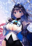  1girl black_gloves black_hair blue_eyes blue_neckwear blue_sky bow bowtie breasts closed_mouth clothing_cutout clouds detached_sleeves gears gloves highres hololive hololive_english large_breasts looking_at_viewer nidaime_(doronbo) ouro_kronii short_hair sky solo underboob_cutout 