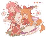  ! 2girls bandaged_arm bandages belt blush breasts cuffs cup double_bun fang flower green_skirt heart horns ibaraki_kasen ibuki_suika long_hair multiple_girls oni oni_horns open_mouth orange_eyes orange_hair pink_eyes pink_hair puffy_short_sleeves puffy_sleeves rbfnrbf_(mandarin) red_neckwear red_ribbon ribbon ribbon_trimmed_clothes rose sakazuki short_hair short_sleeves skirt tabard torso_grab touhou 