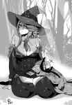 1girl ashiomi_masato blazblue breasts closed_mouth dress greyscale hair_over_one_eye hat konoe_a_mercury large_breasts long_hair monochrome thigh-highs witch_hat