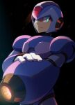  1boy android arm_cannon armor black_background blue_headwear closed_mouth gloves glowing green_eyes hand_on_own_arm helmet highres hoshi_mikan looking_at_viewer male_focus mega_man_(series) mega_man_x_(character) mega_man_x_(series) robot_ears serious simple_background solo upper_body weapon white_gloves 