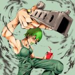  1girl bad_anatomy clenched_teeth cup drinking_straw fighting_stance finger_gun foo_fighters green_background green_hair green_lips green_overalls highres holding holding_cup jojo_no_kimyou_na_bouken keeeey orange_eyes outstretched_arm overalls short_hair simple_background smile solo stone_ocean teeth water weapon 