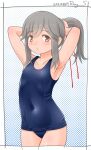  1girl blue_swimsuit brown_eyes collarbone covered_navel cowboy_shot flat_chest grey_hair hair_ribbon holding holding_hair kantai_collection long_hair parted_lips polka_dot polka_dot_background ponytail ray.s red_ribbon ribbon school_swimsuit solo swimsuit usugumo_(kancolle) 
