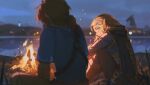  1boy 1girl alzi_xiaomi belt blonde_hair blurry blurry_background blush braid campfire cape chinese_commentary closed_mouth commentary_request earrings fire from_behind green_eyes hair_ornament hairclip highres jewelry link long_hair looking_at_another medium_hair outdoors pointy_ears princess_zelda signature sitting smile the_legend_of_zelda upper_body 
