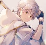  1boy absurdres black_gloves chain chiro_(chi-bu-ko) gloves hands_together highres hood hood_down japanese_clothes katana male_focus partially_fingerless_gloves smile sword touken_ranbu tsurumaru_kuninaga weapon white_hair yellow_eyes 