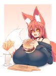  1girl animal_ear_fluff animal_ears bangs black_choker breast_rest breasts burger choker commentary cutting_board eyebrows_visible_through_hair fang food fox_ears fox_girl fox_tail french_fries gigantic_breasts hair_between_eyes highres large_tail long_hair long_sleeves off_shoulder orange_eyes original redhead sam_(sub-res) simple_background solo sub-res tail upper_body 