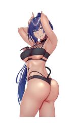  1girl armpits ass bare_shoulders bikini blue_eyes blue_hair bra breasts demon_girl gentsuki horns long_hair looking_at_viewer medium_breasts mini_wings open_mouth panties pointy_ears ponytail shachiku_succubus_no_hanashi sheth_(gentsuki) simple_background solo standing swimsuit underwear upper_body wings 