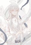  1boy absurdres angel angel_wings belt cross earrings ears grey_eyes halo highres infinity jewelry long_hair lord_of_the_mysteries open_arms ouroboros_(lord_of_the_mysteries) reptile robe shaoyun771 silver_eyelashes silver_hair skeleton snake solo white_robe wings 