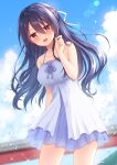  1girl :d bangs bare_arms bare_shoulders black_hair blurry blurry_background blush commentary_request day depth_of_field dress eyebrows_visible_through_hair hair_between_eyes hair_ornament hair_ribbon hairclip hand_up highres izanami_kyouko kamisama_ni_natta_hi long_hair looking_at_viewer nakamura_hinato open_mouth outdoors red_eyes ribbon sleeveless sleeveless_dress smile solo very_long_hair white_dress white_ribbon 