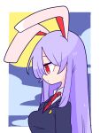  1girl animal_ears bangs blouse breasts collared_blouse from_side highres large_breasts long_hair moon necktie night op_na_yarou purple_hair rabbit_ears red_eyes red_neckwear reisen_udongein_inaba suit_jacket touhou white_blouse 