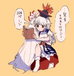  2girls bangs blue_dress blue_hair blue_headwear book bow commentary_request dress fujiwara_no_mokou full_body hair_bow hat holding holding_book hug itomugi-kun kamishirasawa_keine long_hair multicolored_hair multiple_girls orange_background pants reading red_bow red_eyes red_pants shirt short_sleeves simple_background sitting sitting_on_person socks suspenders torn_clothes torn_sleeves touhou translated two-tone_hair white_bow white_hair white_legwear white_shirt yuri 