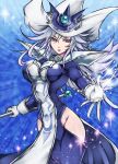  1girl breasts cowboy_shot duel_monster gloves half-closed_eyes hat holding holding_staff long_hair nerunerunerune_(artist) red_eyes silent_magician skin_tight solo staff white_gloves white_hair witch_hat yu-gi-oh! 