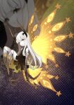  1girl absurdres bangs black_dress blunt_bangs butterfly_wings claws closed_mouth colored_skin dress fewer_digits highres horns joints long_hair looking_at_viewer negative_space no_feet okame_nin original solo white_dress white_hair white_skin wings yellow_eyes yellow_wings zoom_layer 