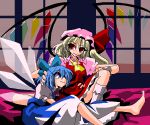  2girls barefoot blonde_hair blue_eyes blue_hair cirno cravat flandre_scarlet hat kieyza oekaki red_eyes touhou wings 