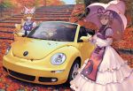  car fox_tail geister hair_ribbon hat highres huge_filesize leaf motor_vehicle parasol realistic ribbon short_hair stairs stone_lantern tail touhou umbrella vehicle volkswagen volkswagen_beetle yakumo_ran yakumo_yukari yellow_eyes yin_yang 