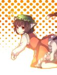  animal_ears bad_id bloomers brown_hair cat_ears cat_tail chen earrings haihai halftone halftone_background hat jewelry kneeling light_smile multiple_tails orange_eyes paw_pose tail touhou 
