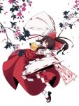  bow brown_hair dancing depth_of_field detached_sleeves flower foreshortening hair_bow hakurei_reimu japanese_clothes long_hair nikka nikka_(cryptomeria) ofuda outstretched_arms red_eyes smile spread_arms touhou tsurime 