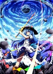 akashio_(loli_ace) blue_hair food fruit hat hinanawi_tenshi long_skirt peach red_eyes ribbon shushio skirt sword sword_of_hisou touhou weapon