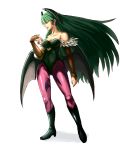  bare_shoulders bat_wings boots breasts capcom chi_?ppa chuppa_(katotsuba) cleavage demon_girl elbow_gloves feathers fingerless_gloves gloves green_eyes green_hair head_wings headwings hime_cut leotard long_hair morrigan_aensland pantyhose simple_background solo succubus vampire_(game) wings 