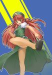  chinese_clothes green_eyes hat hong_meiling kadou kicking long_hair panties pantyshot red_hair redhead touhou twin_braids underwear 