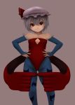  ascot blue_hair cleavage_cutout cosplay crossover detached_sleeves flat_chest hands_on_hips hat kirieppa lilith_aensland lilith_aensland_(cosplay) pantyhose red_eyes remilia_scarlet short_hair solo touhou vampire_(game) wings 