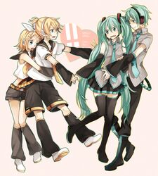  aqua_hair blonde_hair detached_sleeves genderswap hair_ornament hair_ribbon hairclip hatsune_miku hatsune_mikuo headphones headset kagamine_len kagamine_rin legs long_hair necktie ribbon short_hair skirt tama_(songe) thigh-highs thighhighs twintails very_long_hair vocaloid 