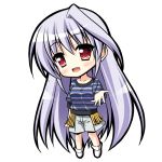  1girl blush casual chibi endori long_hair lyrical_nanoha mahou_shoujo_lyrical_nanoha mahou_shoujo_lyrical_nanoha_a&#039;s mahou_shoujo_lyrical_nanoha_innocent open_mouth outstretched_hand red_eyes reinforce short_sleeves shorts silver_hair solo striped transparent_background 