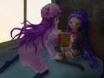  2girls ayase_yue book crossover hat mahou_sensei_negima! multiple_girls patchouli_knowledge purple_hair sitting touhou 