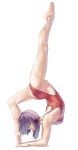  arched_back barefoot feet flat_chest flexible geister gymnastics handstand highleg highres leg_up legs leotard original purple_hair short_hair solo toe-point 