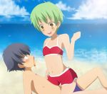  baka_to_test_to_shoukanjuu beach blood blush couple flat_chest green_hair ksg kudou_aiko loli navel nosebleed short_hair tsuchiya_kouta 