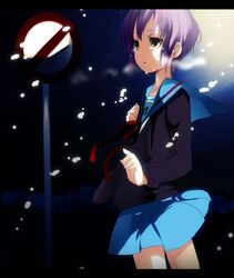  brown_eyes cardigan nagato_yuki nagato_yuki_(shoushitsu) purple_hair road_sign school_uniform short_hair sign suzumiya_haruhi_no_shoushitsu suzumiya_haruhi_no_yuuutsu tears udk 