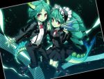  black_legwear black_socks drill_hair dual_persona fish_tail genderswap green_hair green_skin hand_holding holding_hands horns kyousaku leviathan_(mygrimoire) long_hair monster_girl mygrimoire original pointy_ears red_eyes school socks uniform 