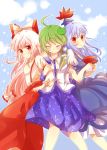  arm_holding bad_id blue_hair closed_eyes detached_sleeves fujiwara_no_mokou green_hair highres kamishirasawa_keine kochiya_sanae long_hair multiple_girls red_eyes silver_hair smile touhou zawameki 