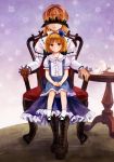  alice_margatroid alice_margatroid_(pc-98) blindfold blonde_hair blouse boots bow chair cup doll doll_joints dress fukahire_sanba hair_bow hair_ribbon hairband highres red_eyes ribbon short_hair sitting skirt smile socks table touhou touhou_(pc-98) 