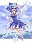  blue_hair bow cirno emu_ichigo hair_bow highres short_hair snowflakes touhou wings 