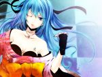  aqua_eyes aqua_hair bare_shoulders bell breasts cleavage fingerless_gloves gloves hatsune_miku highres japanese_clothes jewelry jingle_bell jyuru kimono long_hair nail_polish necklace smile solo tattoo vocaloid wink 
