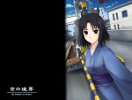  blush highres japanese_clothes kara_no_kyoukai kimono railroad_crossing ryougi_shiki short_hair smile solo tai_(2vs) tai_(pixiv1637339) 