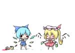  &gt;:3 2girls :3 :d ^_^ blonde_hair blue_hair blush_stickers bow cait-sith chibi cirno closed_eyes flandre_scarlet hair_bow hair_ribbon happy hat lowres multiple_girls open_mouth paint paint_bucket paint_splatter paintbrush ponytail ribbon short_hair simple_background skirt smile touhou windy-fantyon 