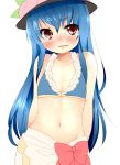  blue_hair blush flat_chest hat highres hinanawi_tenshi naka_marimo navel ribbon sarong shy solo swimsuit tears touhou 